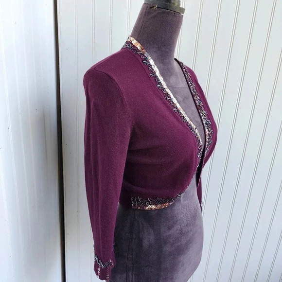 CACHE Purple Eggplant Sequin Bolero Shrug Jacket Formal Cropped Beaded Top Sz S - Picture 2 of 12